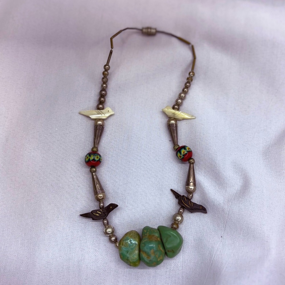 Turquoise Fetish Necklace Unisex 14in Green Good Bird Millefiori Bead - Picture 6 of 8